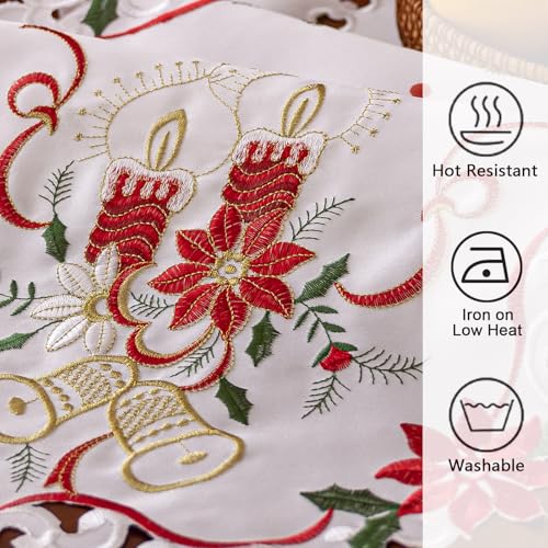 Joyfol Day Christmas Table Runner 14x69 in with Embroidered Poinsettia Holly Candles Bell