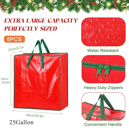 AFOROEOA 6PCS Red Wreath Storage Bags with Handles, 25"L x 25"H x 8.7"D – Clear Zip Bags for Garland & Xmas Wreaths (Variation: 6pcs Red)