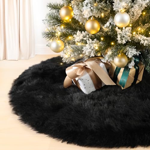 28 Inch Black Faux Fur Christmas Tree Skirt with Anti-Slip Backing