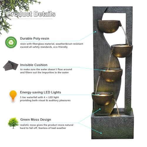 5-Tier Outdoor Floor Standing Water Fountain with LED Lights, 49-Inch