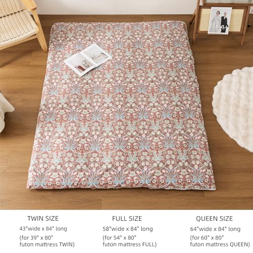 100% Cotton Futon Cover with Zipper – Soft & Machine Washable (Twin, Red Toned Flower)