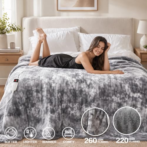 Heated Electric Blanket Throw 50''x60'' - Soft Flannel & Sherpa, 10 Heat Settings, Washable
