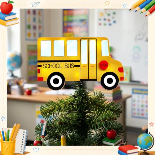 Wooden School Bus LED Tree Topper - 8x8 Inch Lighted Classroom Decor