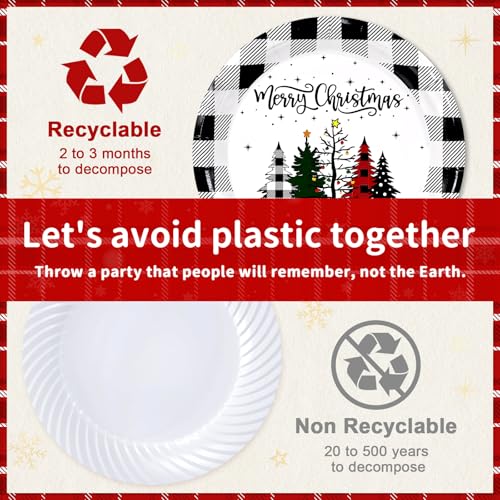 LANLISA Christmas Tree Plates Set 50 Count - 25 9" & 25 7" Black Buffalo Plaid