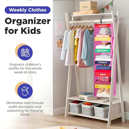 Weekly Hanging Closet Organizer for Kids with Bamboo Shelves, Pink