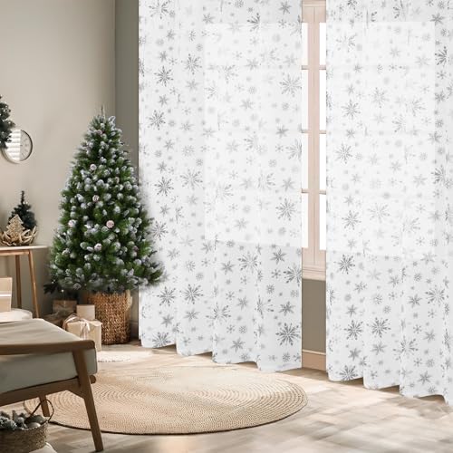 FRAMICS White-Silver Foil Snowflake Sheer Curtains for Christmas, 52W x 84L, 2 Panels with Rod Pocket