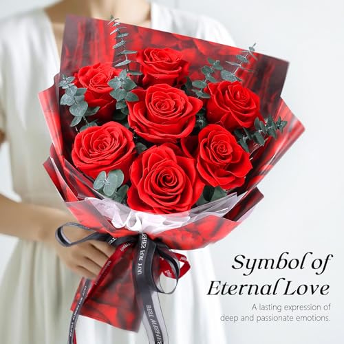 Preserved Red Rose Bouquet with Vase, 7 Real Roses for Anniversary Gift