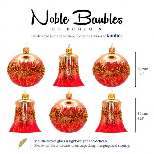 Red & Gold Classic Hand-Blown European Glass Christmas Bell Ornaments Set of 6 (8 cm) - Mouth-Painted
