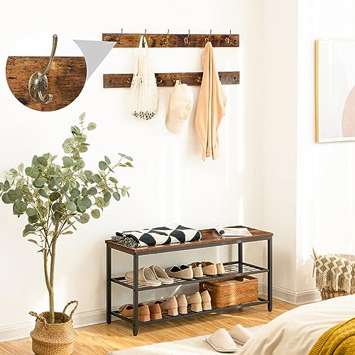 Industrial Hall Tree with Shoe Bench and 9 Coat Hooks, Rustic Brown