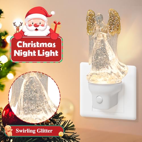 Xanqinluma 2 Pack Christmas Angel Night Lights - Glitter Water Nightlight with USB & Wall Plug Options