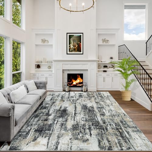 8x10 Washable Abstract Area Rug - Black, Grey & Gold Non-Slip Carpet