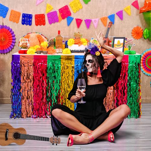 Fiesta Metallic Foil Fringe Table Skirts, 2 Pack Mexican Party Decorations