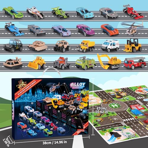 Toy Vehicle Advent Calendar - 24 Day Christmas Countdown Set with Play Map