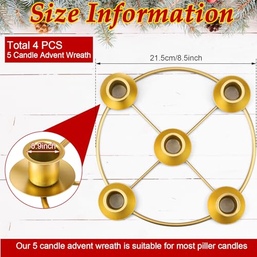 4-Pack Gold Metal Christmas Advent Wreath Candle Holder Ring, 8.5 Inch