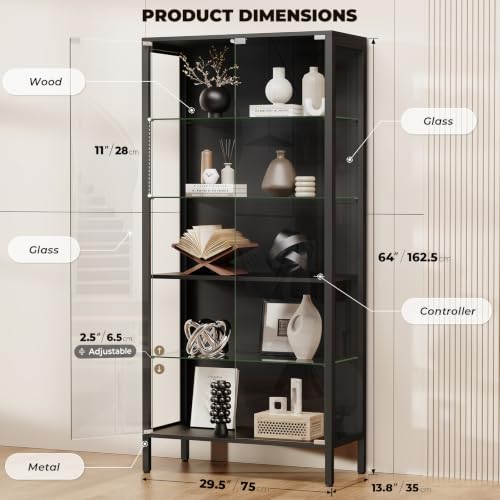 5-Tier Glass Display Cabinet with Adjustable Shelves and Motion Sensor LED