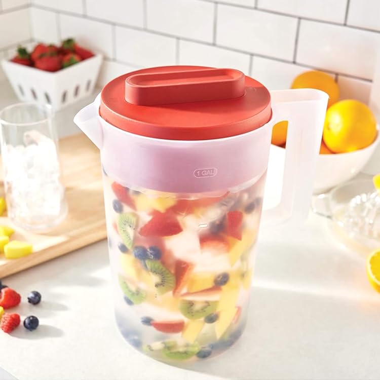 1 Pack 1 Gallon 4 Quarts Plastic Beverage Pitcher Clear Body & Red Lid, 3 Position Pour Spout Lid for Water Tea and Drinks
