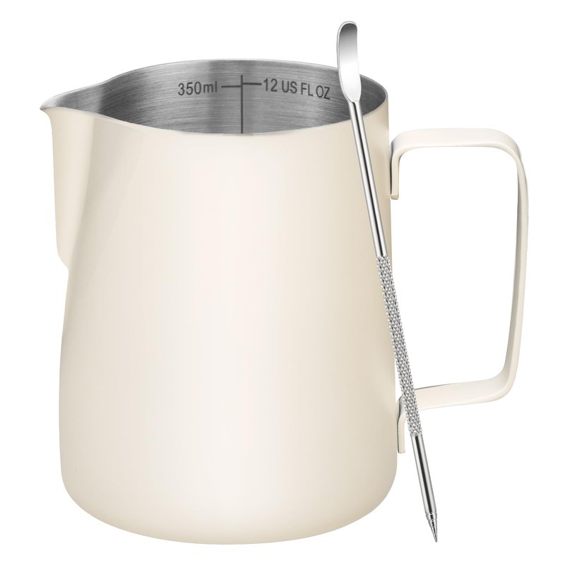 Amrules Milk Frothing Pitcher, 12oz Milk Frother Cup with Clear Scale, 304 Stainless Steel Cappuccino Espresso Machine Accessories for Barista Coffee Bar with Latte Art Pen, White
