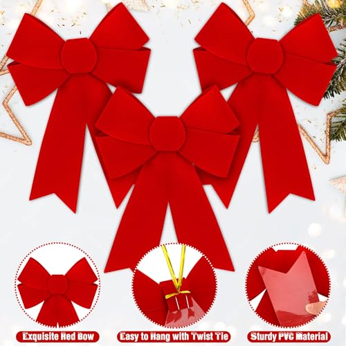 12ct Large 9x12 in Red Christmas Bows with Gold Wire - Indoor/Outdoor PVC Velvet Gift Decor