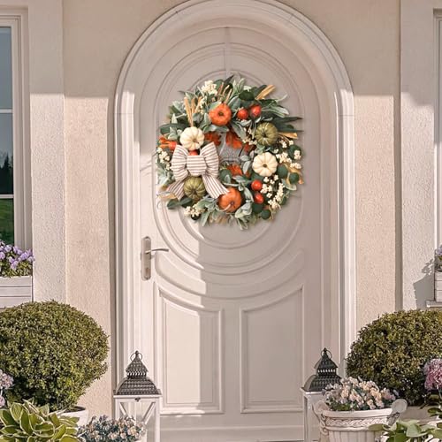 22-Inch Fall Wreath with Pumpkins and Berries for Front Door Decor