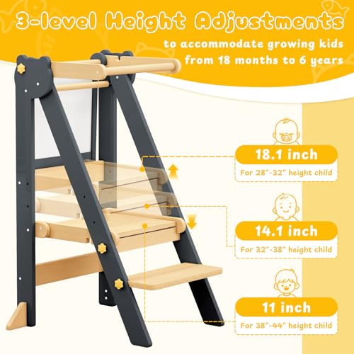 Foldable Toddler Learning Tower with Blackboard and Adjustable Height