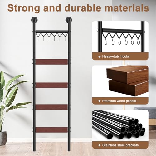 5-Tier Wall-Leaning Blanket Ladder Rack with Hooks, Rustic Storage Shelf