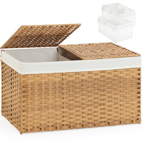 Woven Storage Basket with Lid 65L Foldable Rattan Hamper with Liners