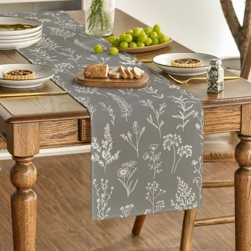 Artoid Mode 13x72 Inch Leaves Flowers Spring Table Runner Silver Seasonal Kitchen Decor