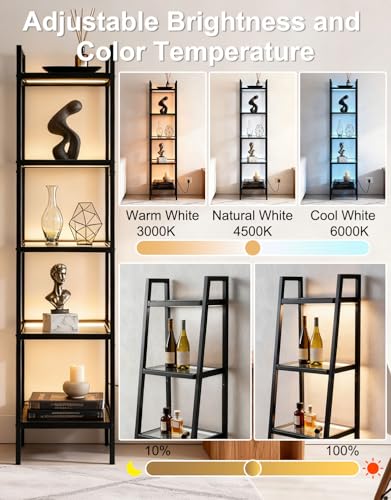5-Tier Glass Display Shelf with RGB LED Lights, 67-inch Ladder Bookshelf