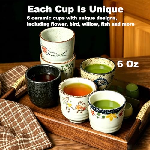 6-Pack Japanese Ceramic Tea Cups - Small 6 oz Matcha & Coffee Mug Set