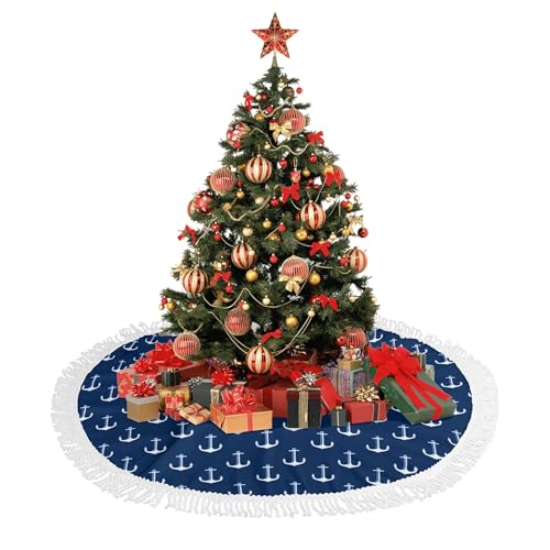 GHYGTY Nautical Navy Blue Christmas Tree Skirt 48" with White Anchor & Tassel Edge - Style 1