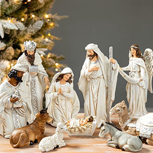 12-Piece Ivory Resin Nativity Figurines Set for Christmas Tabletop Decor