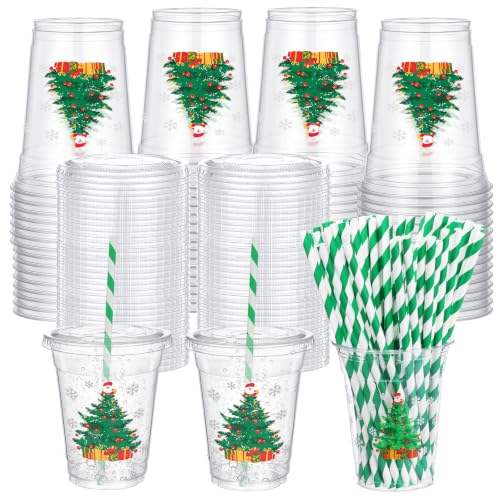 FoldTier 100 Pack Christmas Plastic Cups with Lids and Straws - Holiday Tree Design