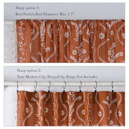 Floral Rust Orange Linen Curtains 96" Length - 2 Panels