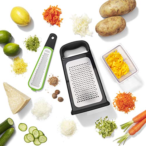 OXO Good Grips Etched Box Grater with Removable Zester | Ideal for Grating Cheese or Zesting Fruits | Storage Container Included | 4 Sided Grater | Comfortable Handle
