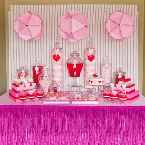 2-Pack Metallic Foil Fringe Table Skirts, Hot Pink Tinsel Party Decor