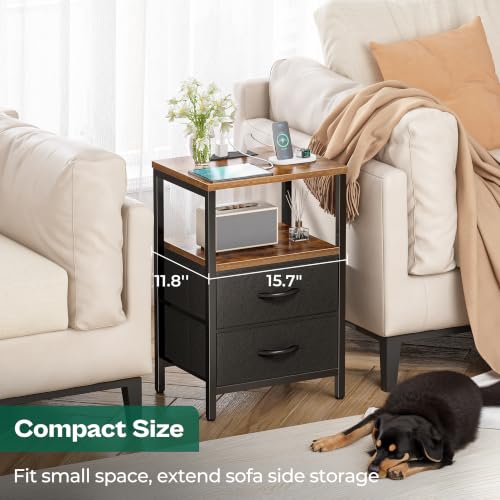 Nightstand with Charging Station, 2 Fabric Drawers & Storage Shelf