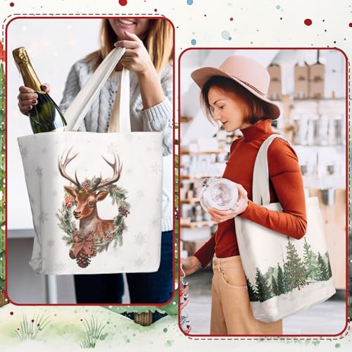Bencailor 6 Pcs Christmas Canvas Tote Bags – Neutral Green Tree & Deer Pattern