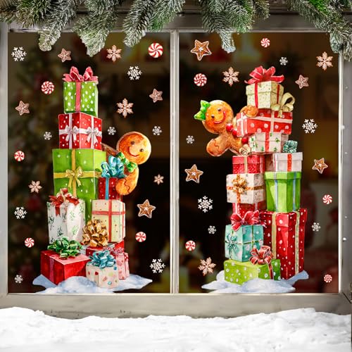 Pawliss 2-Pack Extra Large Window Clings Gift Boxes Gingerbread Man Snowflakes