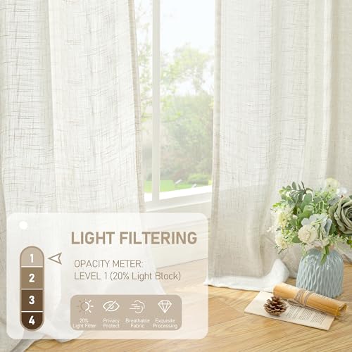 Natural Ivory Semi Sheer Linen Curtains - Light Filtering (2 Panels, 52x84 in)