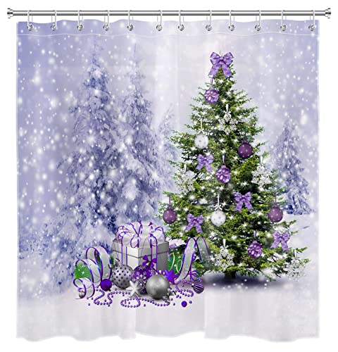 Purple Christmas Tree Shower Curtain 72x72 Inches Waterproof Holiday Bathroom Decor with 12 Hooks