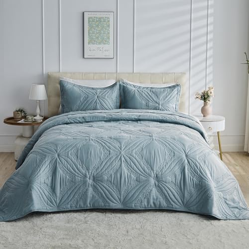 Kingnex Oversized King Bedspread Set 128x120 - 3 Piece Quilted Coverlet, Blue