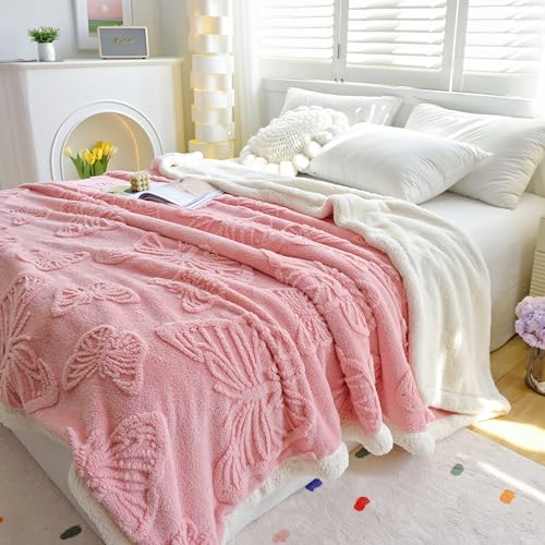UKELER Pink 60x80 Inch Sherpa Fleece Blanket - Soft Twin Size Throw for Bed Couch All Season