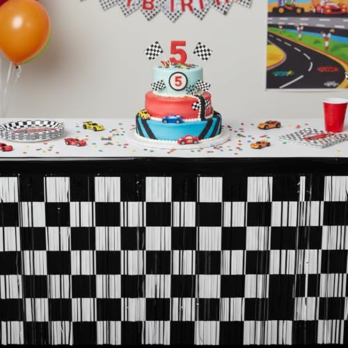 Black and White Checkered Foil Tinsel Table Skirt - 2 Pack Racing Party Decor