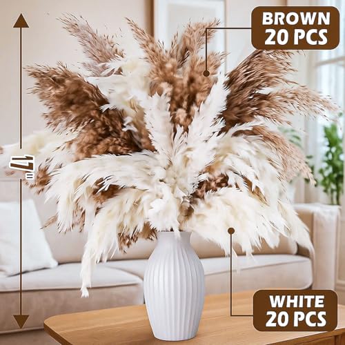 40 PCS Natural Dried Pampas Grass Stems - 17" Fluffy Boho Floral Decor