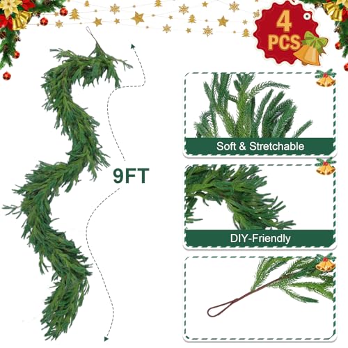 4-Pack 9 Ft Artificial Norfolk Pine Garlands for Christmas & Mantels