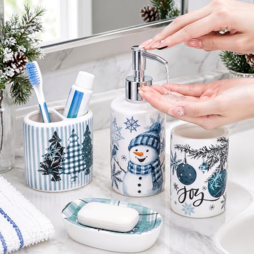 Blue Snowman Bathroom Accessories Set - Ceramic 4-Piece Christmas Decor