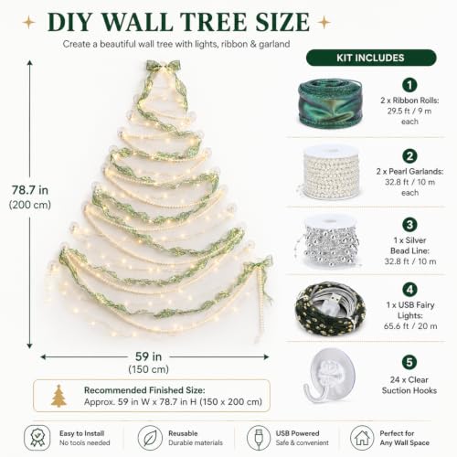 6 Pcs Christmas Wall Tree Kit with Pearl Garland & USB Fairy Lights