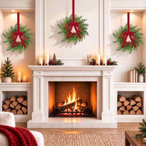 Green & Red 18 Pack 15-Inch Mini Christmas Wreaths for Cabinets with Bows