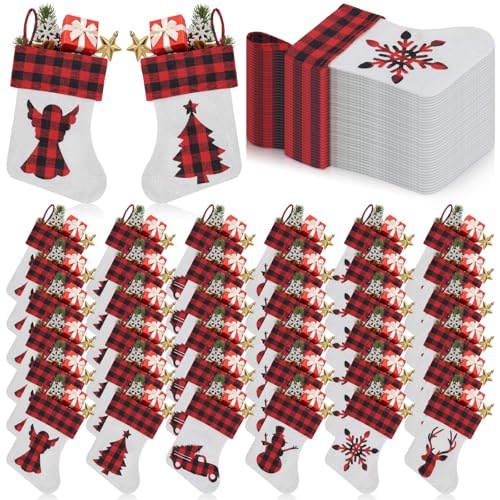 Asisca 100 Pack Mini Christmas Stockings 7.8'' Red Black Buffalo Plaid Holiday Decor