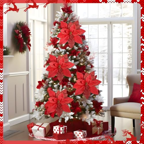 Cinnvoice 4pcs 16'' Red Poinsettia Christmas Tree Artificial Flowers (Glitter Accent)